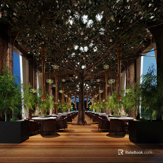 Natural Elegant Restaurant Interior With Giant Tree Decoration Hanging Lamps And Green Plants 3d model 