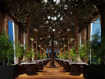 Natural Elegant Restaurant Interior With Giant Tree Decoration Hanging Lamps And Green Plants 3d model