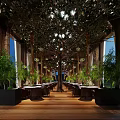 Natural Elegant Restaurant Interior With Giant Tree Decoration Hanging Lamps And Green Plants