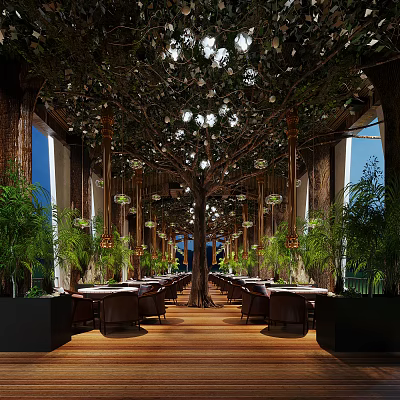 Natural Elegant Restaurant Interior With Giant Tree Decoration Hanging Lamps And Green Plants 3d model