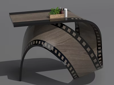 Modern Curved Wooden Table With Desktop Plant And Small Bottles 3d model