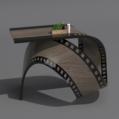 Modern Curved Wooden Table With Desktop Plant And Small Bottles 3d model