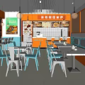 Modern Restaurant Interior With Orange Blue Decor Hanging Lights Menu Board Tables And Chairs