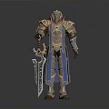 Man Wearing Blue and Gold Ornate Armor Holding Elaborate Sword on Dark Background
