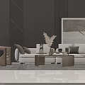 Modern Minimalist Sofa and Coffee Table Set With White Cushions Wooden Table And Artwork