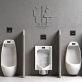 Modern Public Toilet Interior Featuring Three White Urinals With Dividers Gray Wall And Toilet Sign