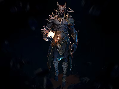 Mythical Game Movie Character With Horned Crown Dark Armor Intricate Design Holding Glowing Orb 3d model