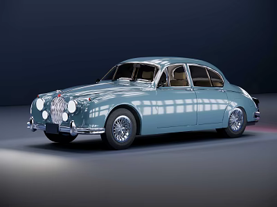 Light Blue Classic Sedan With Vintage Design And Shiny Body Details 3d model