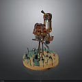 Steampunk Train Model with Intricate Mechanical Structure Green Base and Small Figures
