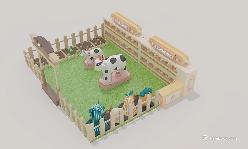 Kids Playground With Wooden Fence Grass Area Cow Models Farmhouse Sign And Cactus Decorations 3d model 