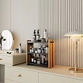 Multi Tiered Storage Shelf For Skincare Cosmetic Products On Modern Vanity With Striped Wall