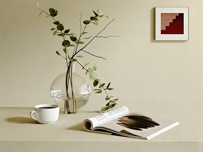 Transparent Glass Vase with Green Leaves and White Coffee Cup Open Magazine on Neutral Table 3d model