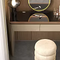 Modern Dressing Table With Round Mirror Table Lamp And Beige Round Stool 3d model