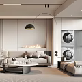 Modern Living Room Interior with Sofa Coffee Table Floor Lamp Wall Paneling and Area Rug