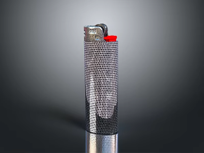 Portable Metallic Lighter With Silver Mesh Design And Red Top For Daily Use 3d model