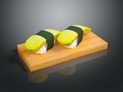 Delicious Tamago Sushi Rolls Served On Wooden Board With Nori And Rice 3d model
