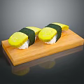 Delicious Tamago Sushi Rolls Served On Wooden Board With Nori And Rice