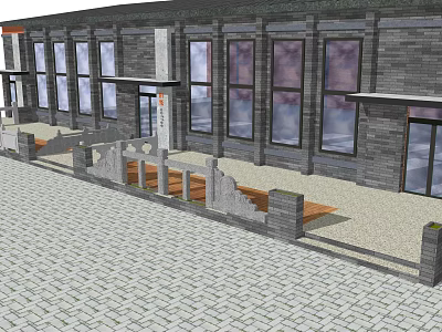 Modern Building Exterior With Gray Brick Walls Large Windows Stone Paved Ground And Bench Seating 3d model
