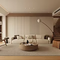 Minimalist Living Room Interior With Beige Sofa Round Coffee Table Floor Lamp And Wooden Floor Rug