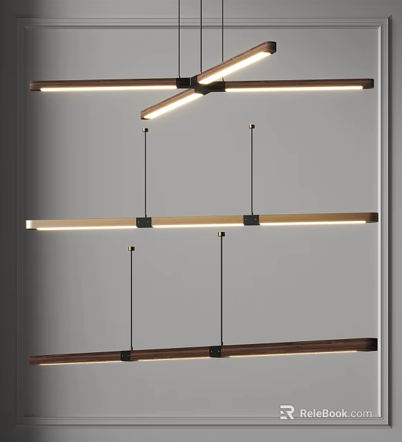 Modern Linear Pendant Light Design With Wooden Metal Frame And LED Strip Lighting 3d model 