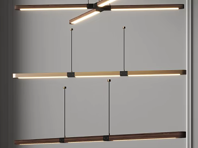 Modern Linear Pendant Light Design With Wooden Metal Frame And LED Strip Lighting 3d model