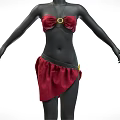 Black Mannequin Wearing Red Bra Top With Gold Circular Buckle And Asymmetrical Red Skirt
