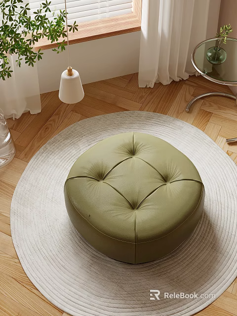 Green Round Leather Ottoman Placed On White Rug In Wooden Floor Interior 3d model 