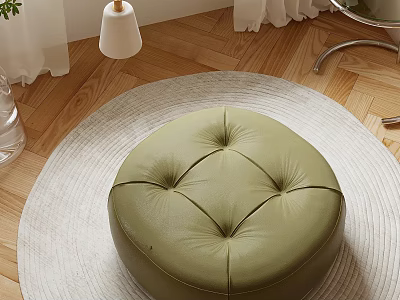 Green Round Leather Ottoman Placed On White Rug In Wooden Floor Interior 3d model