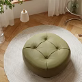 Green Round Leather Ottoman Placed On White Rug In Wooden Floor Interior