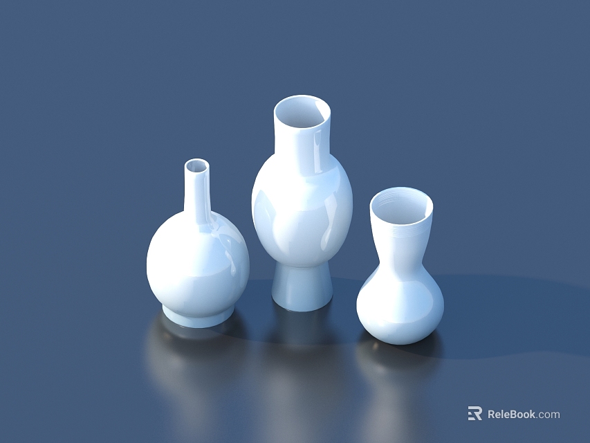 Three White Ceramic Vases On Dark Surface With Clear Reflections 3d model 