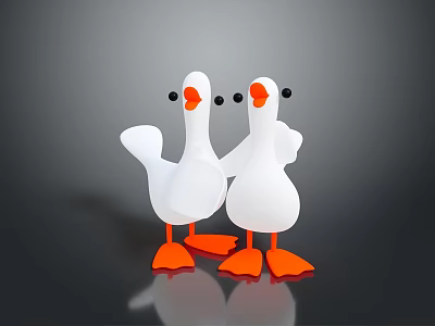 Cute White Duck Figurines With Orange Beaks Feet And Black Eyes On Dark Background 3d model