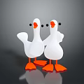 Cute White Duck Figurines With Orange Beaks Feet And Black Eyes On Dark Background