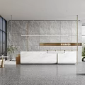 Modern Front Desk Reception Area With Marble Counter Wooden Wall And Pendant Light