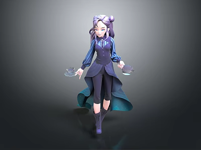 Purple Haired Fantasy Character Holding Small Creatures in Blue Outfit and Cloak 3d model