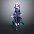 Purple Haired Fantasy Character Holding Small Creatures in Blue Outfit and Cloak