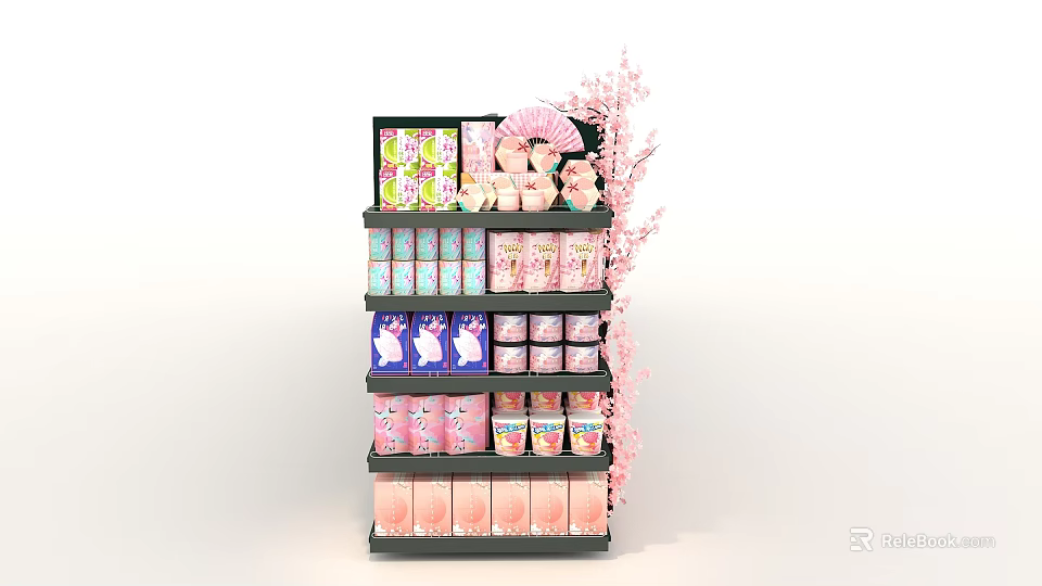 Retail Product Display On Multi Layered Shelf With Pink Cherry Blossom Decorations Pastel Colored Packages 3d model 