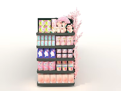 Retail Product Display On Multi Layered Shelf With Pink Cherry Blossom Decorations Pastel Colored Packages 3d model