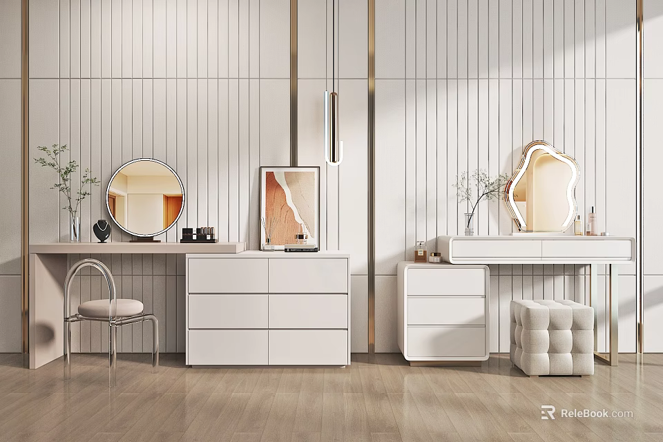 Modern Interior Design With White Dressers Round Irregular Mirrors Striped Walls Chair Stool And Plants 3d model 