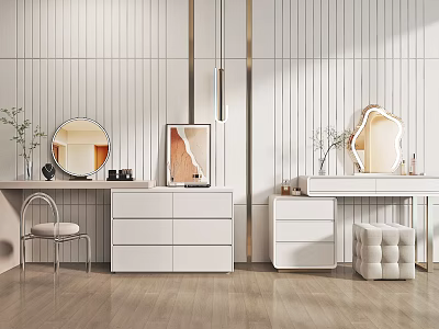 Modern Interior Design With White Dressers Round Irregular Mirrors Striped Walls Chair Stool And Plants 3d model