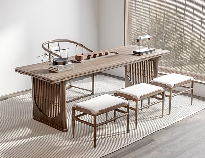 Modern Wooden Tea Table And Padded Stools With Tea Sets Books And Natural Light 3d model