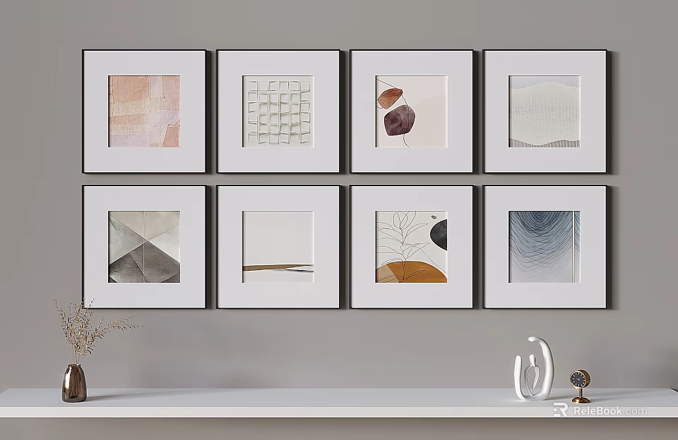 Eight Abstract Framed Wall Art Pieces With Shelf Decor Items 3d model