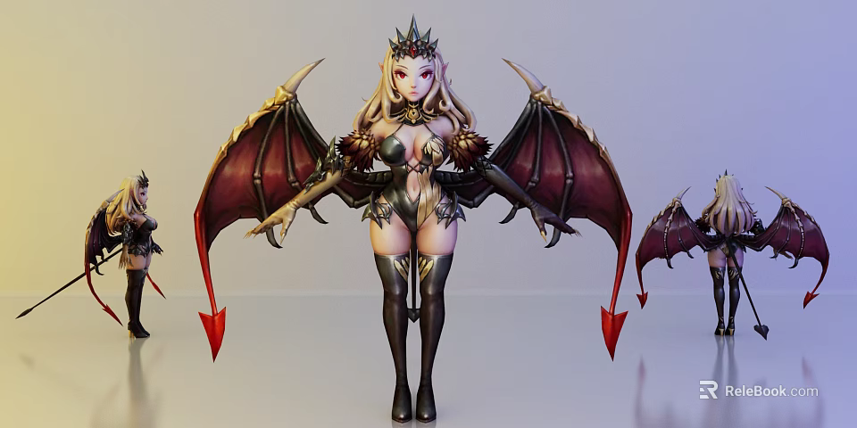 Game Character With Gothic Crown Bat Wings And Spiked Outfit Design 3d model 