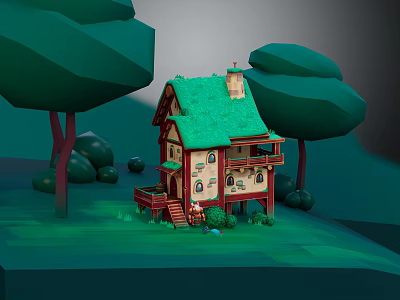 Cartoon Scene Featuring Small House Green Roof Windows Steps Surrounding Trees And Grass 3d model