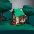 Cartoon Scene Featuring Small House Green Roof Windows Steps Surrounding Trees And Grass