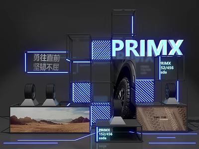 PRIMX Exhibition Setup With Transparent Cubes Blue Lighting And Tires On Display Stands 3d model