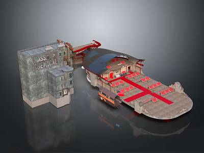 Cartoon Scene With Castle Like Gray Stone Buildings Red Carpets And Decorative Vehicles 3d model
