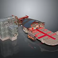 Cartoon Scene With Castle Like Gray Stone Buildings Red Carpets And Decorative Vehicles