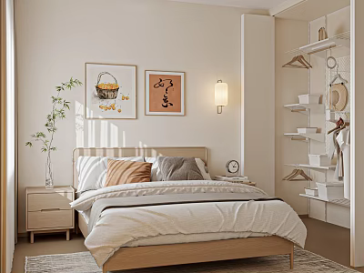 Cozy Bedroom Interior Design With Wooden Bed Wall Art Plant Wall Lamp And Storage Shelves 3d model