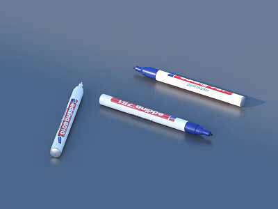 Three Blue And White Permanent Markers With Red MARKER Text On Surface 3d model