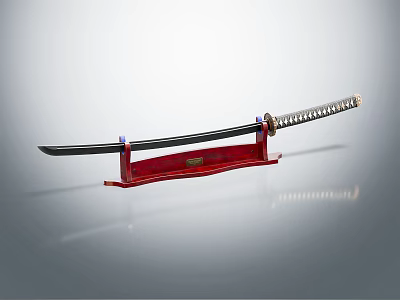 Samurai Warrior With Traditional Katana And Dragon Engraved Handle On Red Stand 3d model